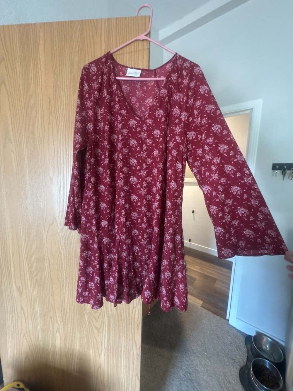 Universal Thread Women's Burgundy Floral Long Sleeve Godet Mini Dress